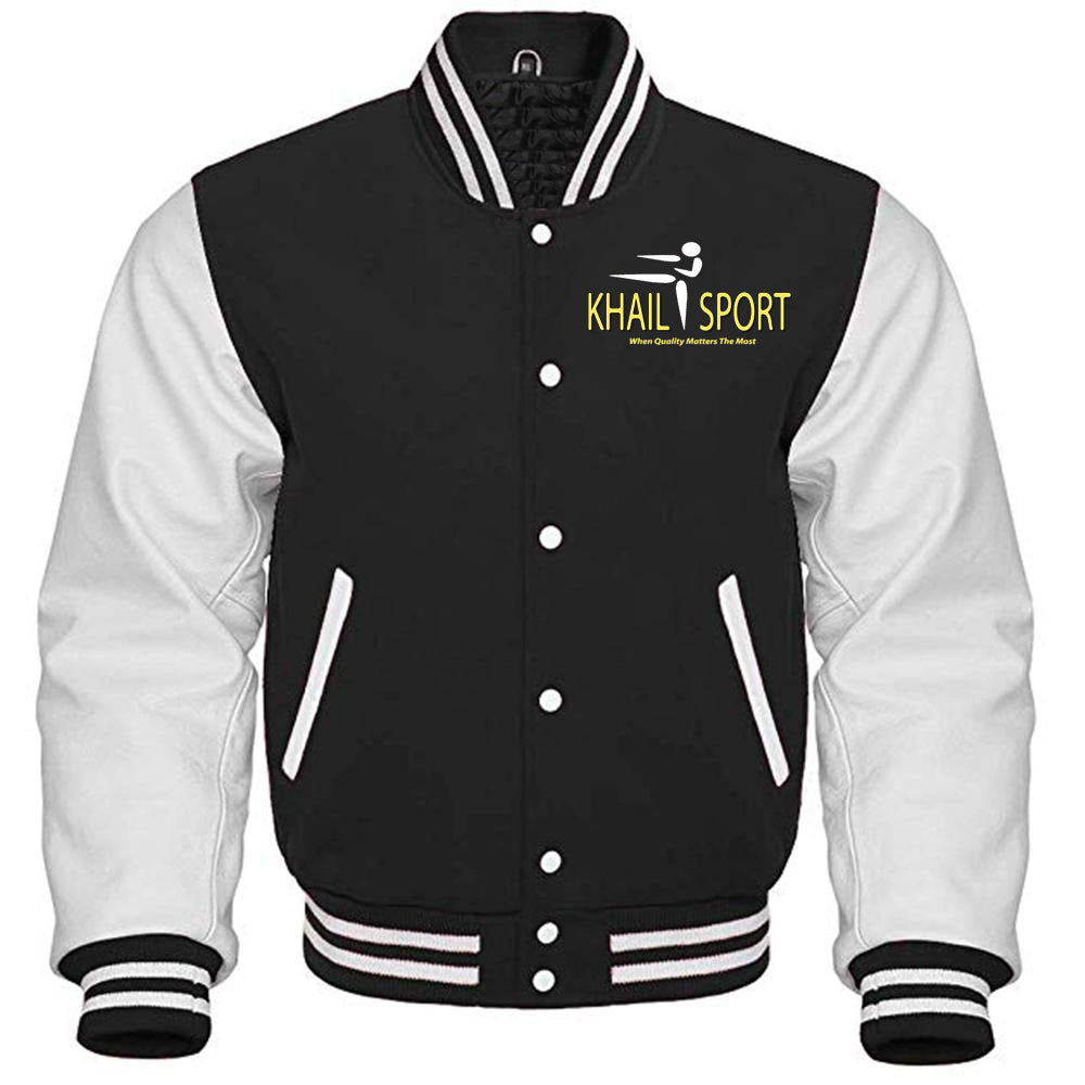 Black Wool Varsity Letterman Hoodie jacket Dark Grey Real Leather